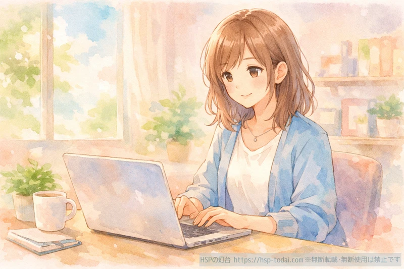 自分に合う環境でおだやかに在宅で働く女性のイラスト