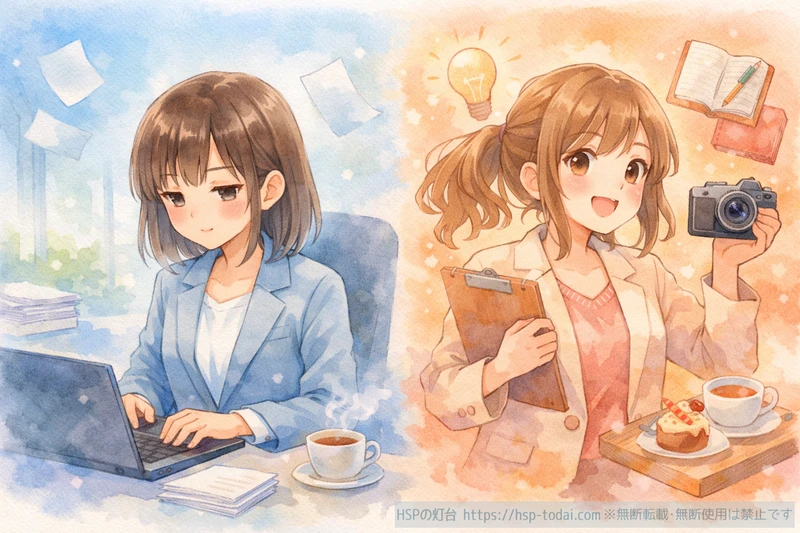 落ち着いた自分と好奇心旺盛な自分の二面を描いたHSS型HSPのイラスト