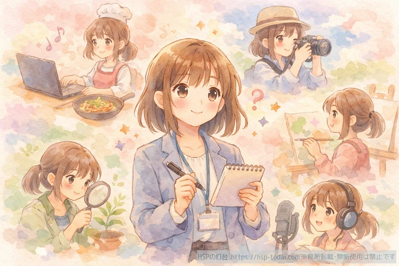 多趣味でいろいろなことに興味を持つ女性のイラスト