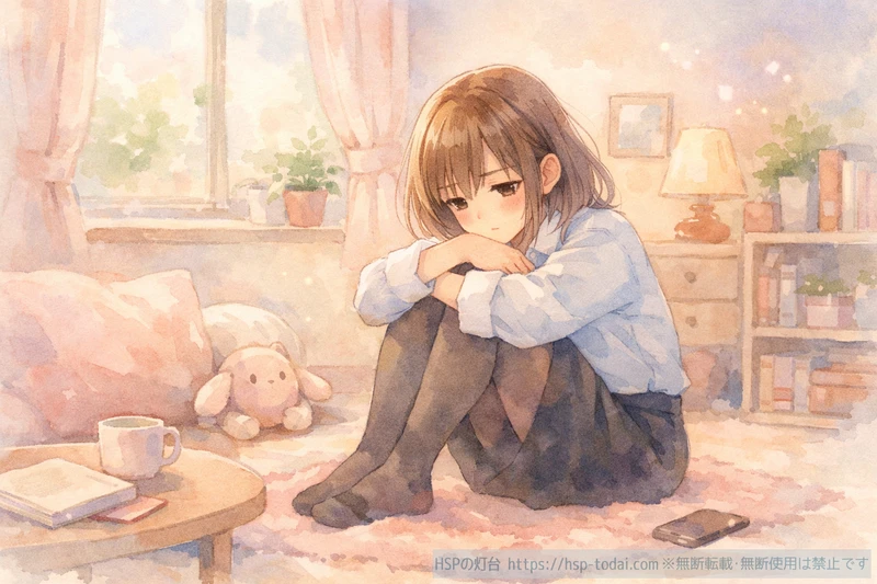 やりたい気持ちと疲れやすさの矛盾に落ち込むHSP女性のイラスト