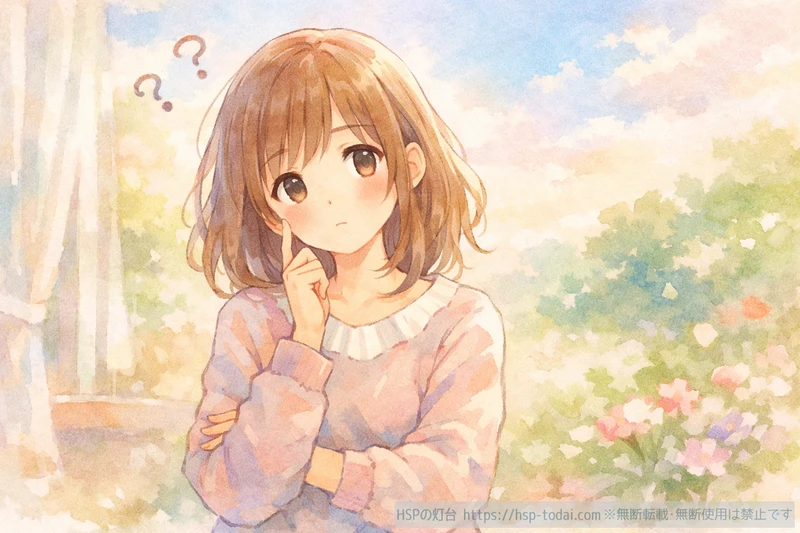 自分がどの型か分からず考え込むHSS型HSPの女性のイラスト