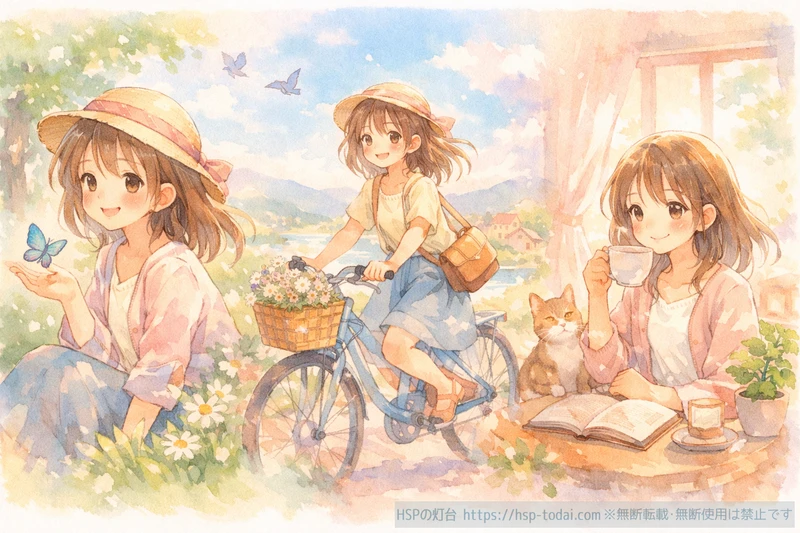 好奇心と落ち着きを大切に穏やかに過ごす女性のイラスト