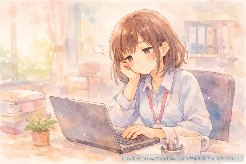 刺激の多い職場で疲れてパソコンに向かう繊細な女性のイラスト