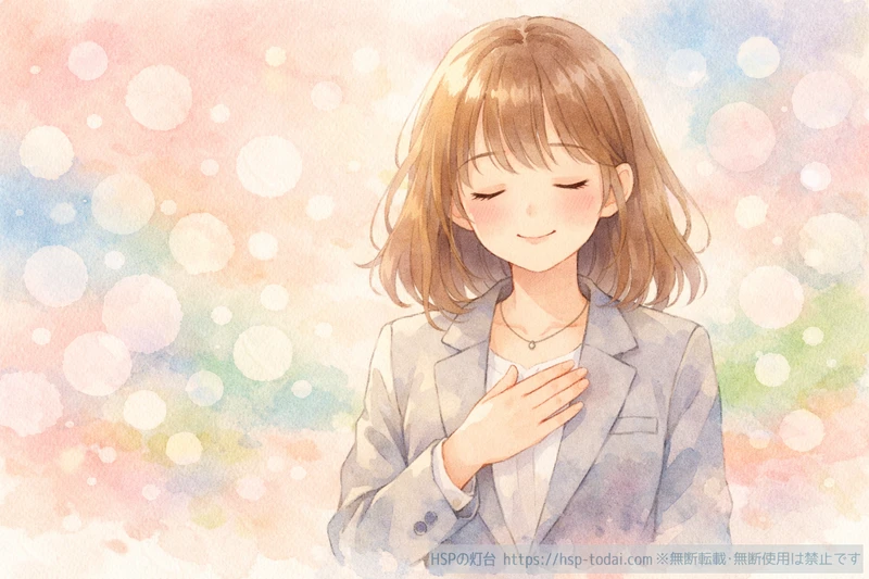 好奇心も繊細さも受け入れて穏やかにほほえむHSP女性のイラスト