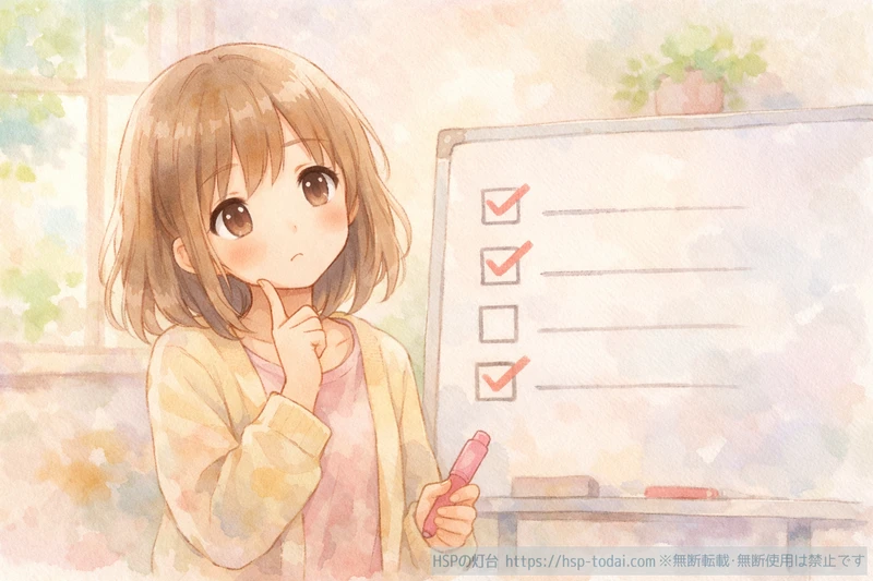 セルフチェックのリストを見ながら当てはまるか考える女性のイラスト