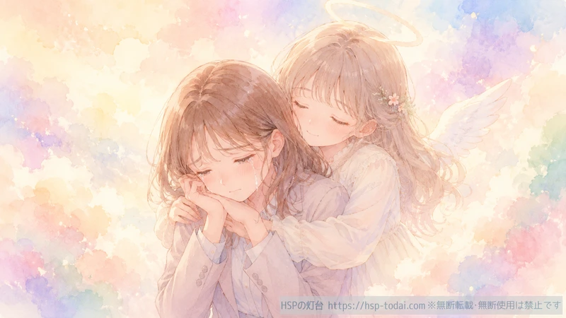 泣いているHSP女性を天使が後ろからそっと抱きしめているイラスト