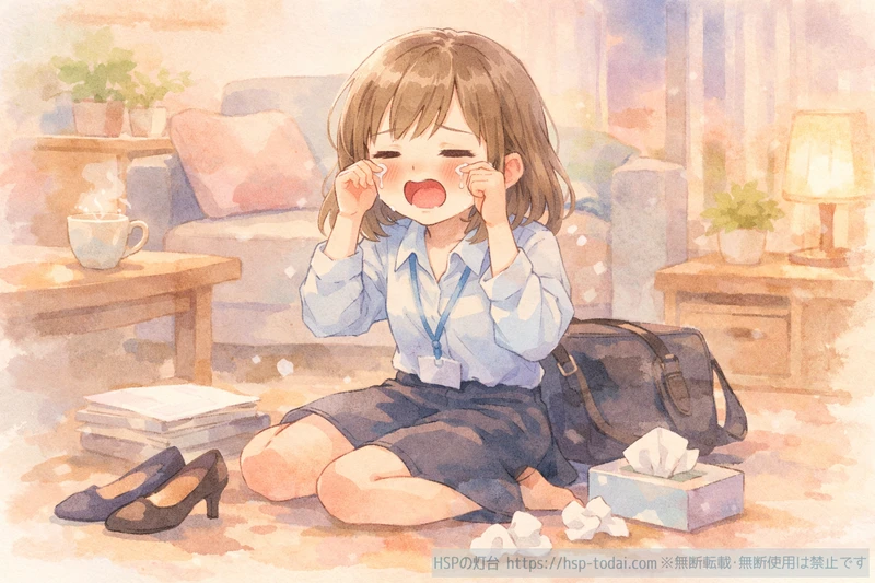 女性が仕事で疲弊して泣いているイラスト
