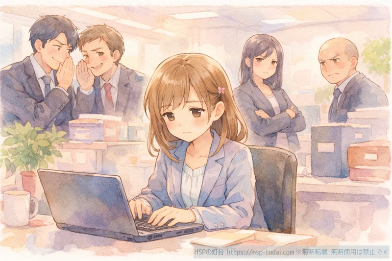 職場の雰囲気に萎縮している女性社員のイラスト