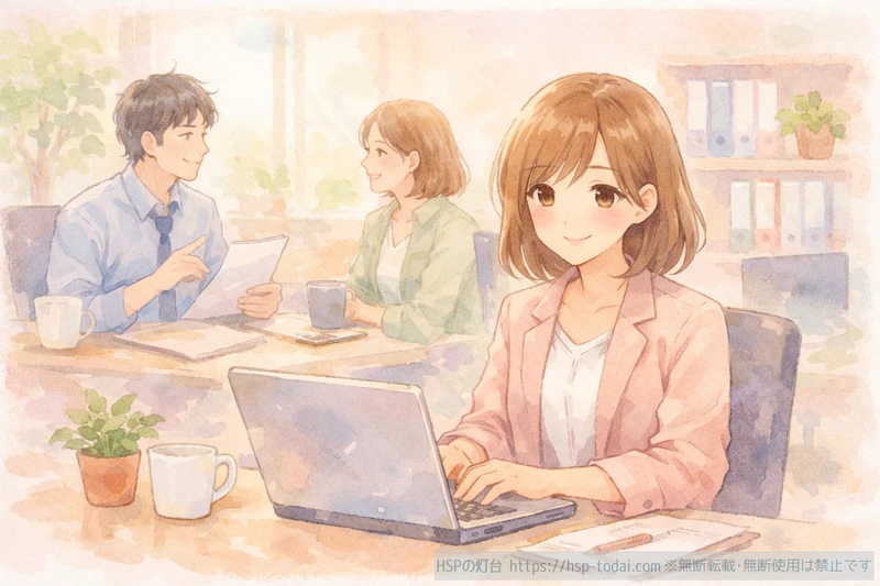 上司や同僚と穏やかに働く女性社員のイラスト