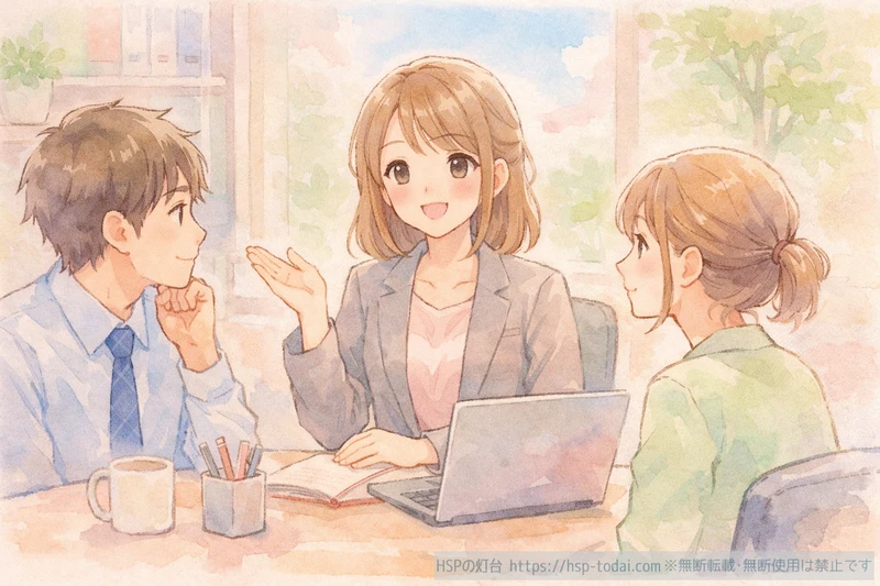 質問に答える女性社員のイラスト