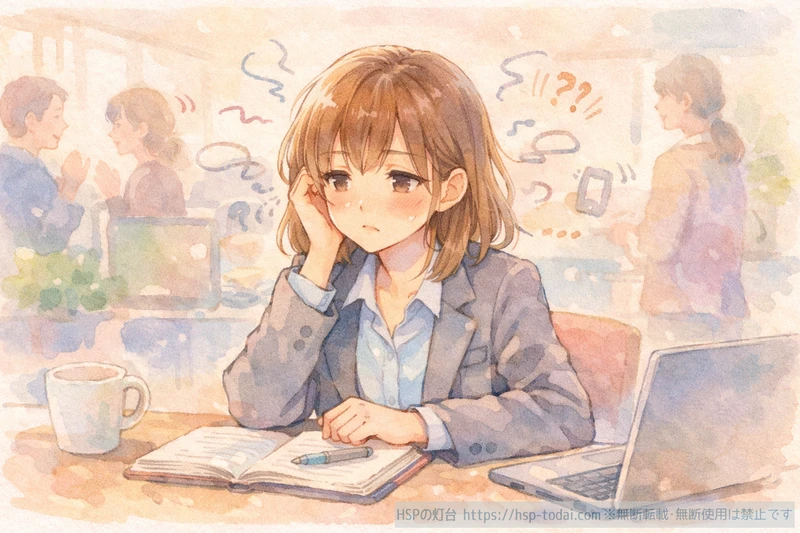 HSP女性が職場の騒音や周囲の言葉に囲まれて困惑しているイラスト