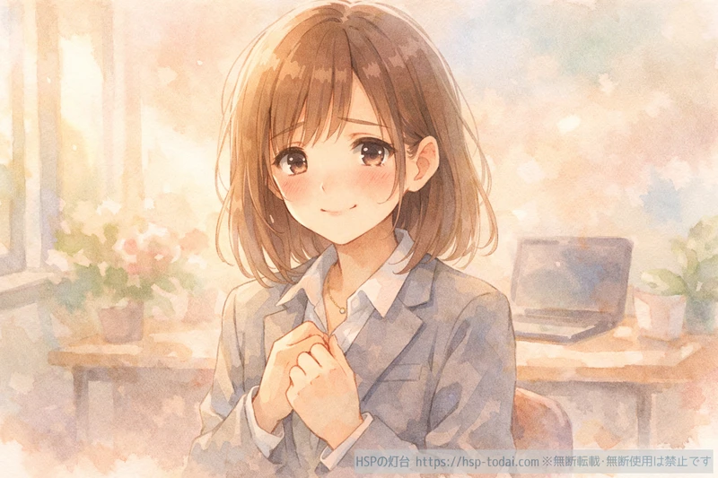 HSP女性が職場でほっと安心した表情で自分を受け入れているイラスト