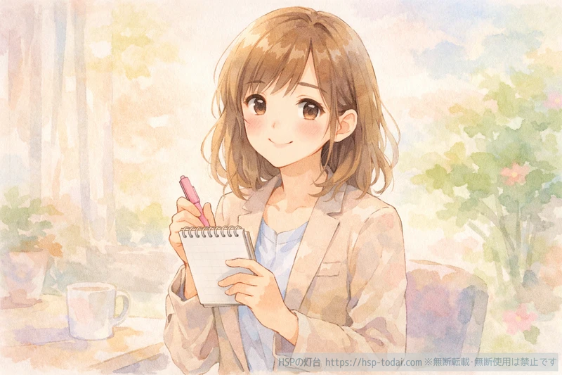 HSP女性がノートにスルースキルの実践メモを書いているイラスト