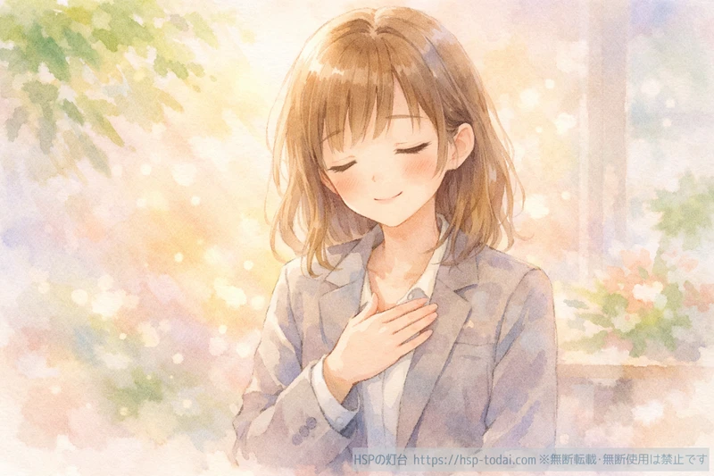 HSP女性が目を閉じて胸に手を当て自分の本音を感じているイラスト