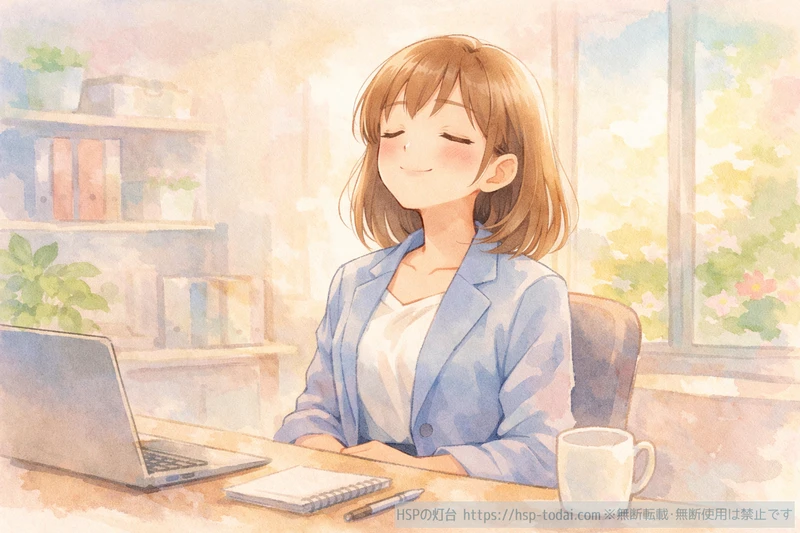 HSP女性が職場でパソコンの前に座り穏やかに微笑んでいるイラスト