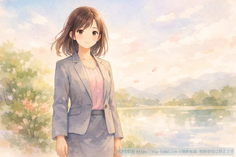 女性がスーツで自然の中に立っているイラスト