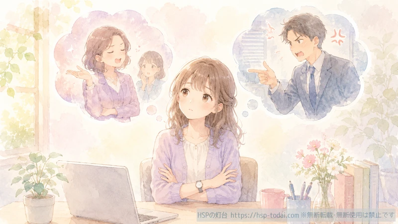 女性が職場の人間関係を思い浮かべているイラスト