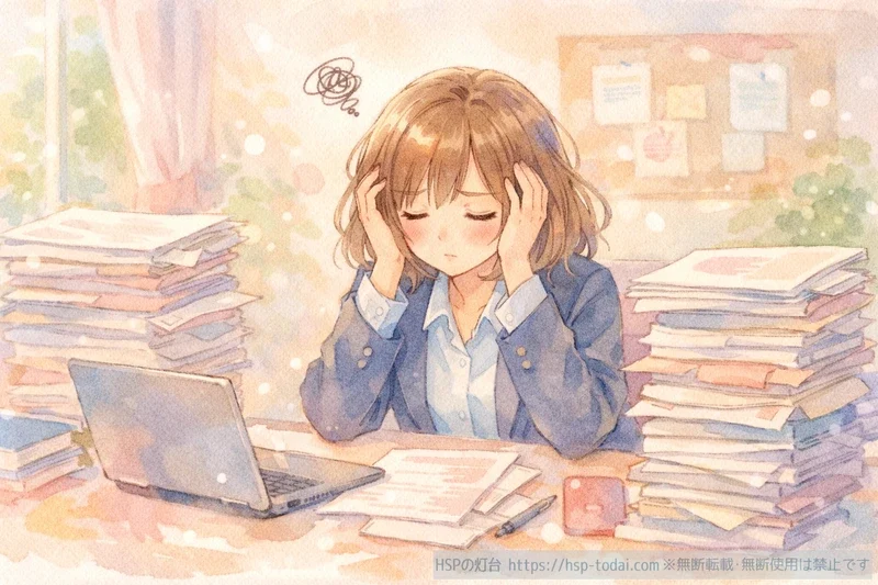 書類の山を前に頭を抱え、仕事ができないと悩むHSP女性のイラスト