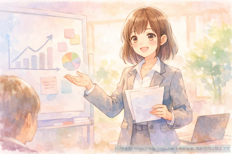 自分に合う職場でいきいきと資料を説明するHSP女性のイラスト
