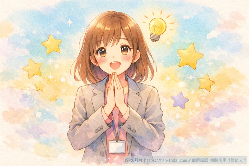 電球がひらめき、仕事の工夫に気づいて前向きになるHSP女性のイラスト