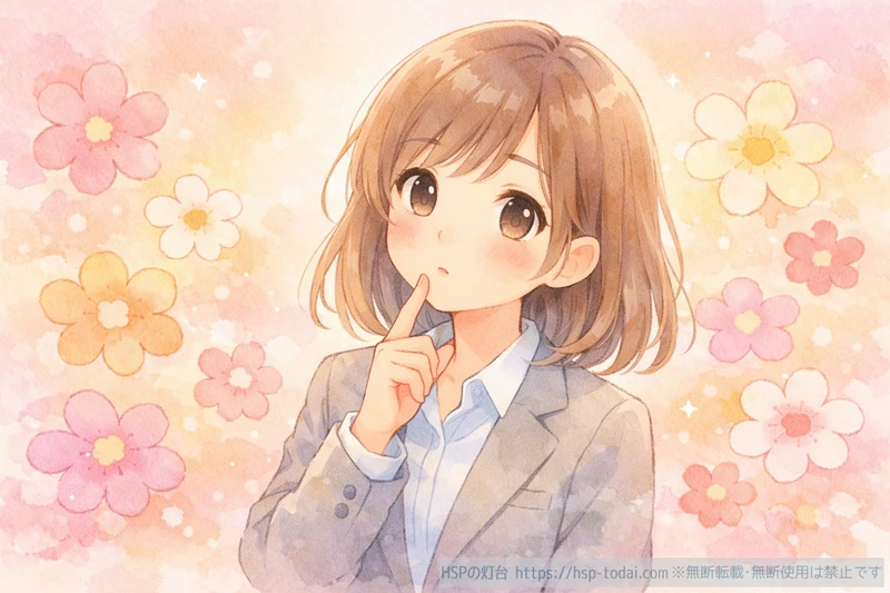 やわらかい表情で自分の働き方を見つめ直すHSP女性のイラスト