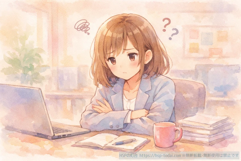パソコンの前で腕を組み、仕事ができない理由を考え込むHSP女性のイラスト