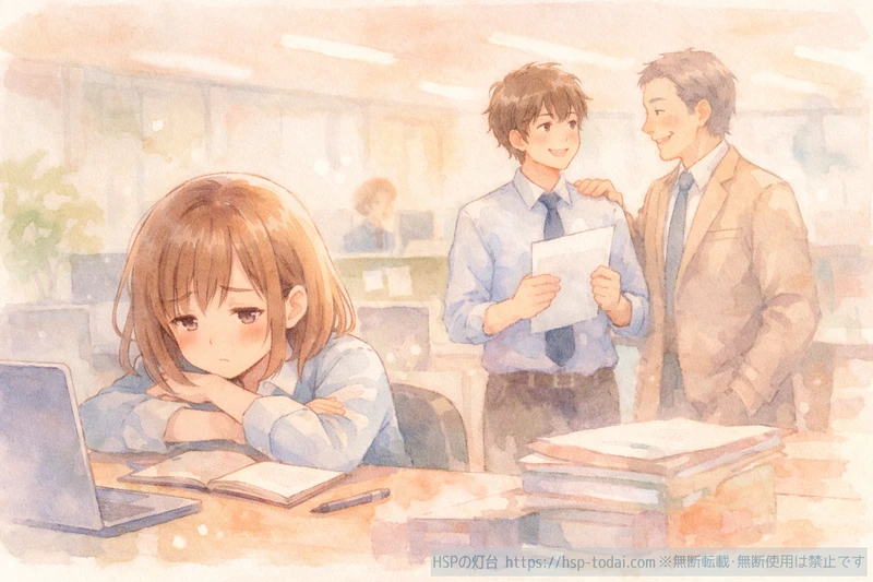 仕事ができず落ち込むHSP女性の後ろで同僚が上司に褒められているイラスト
