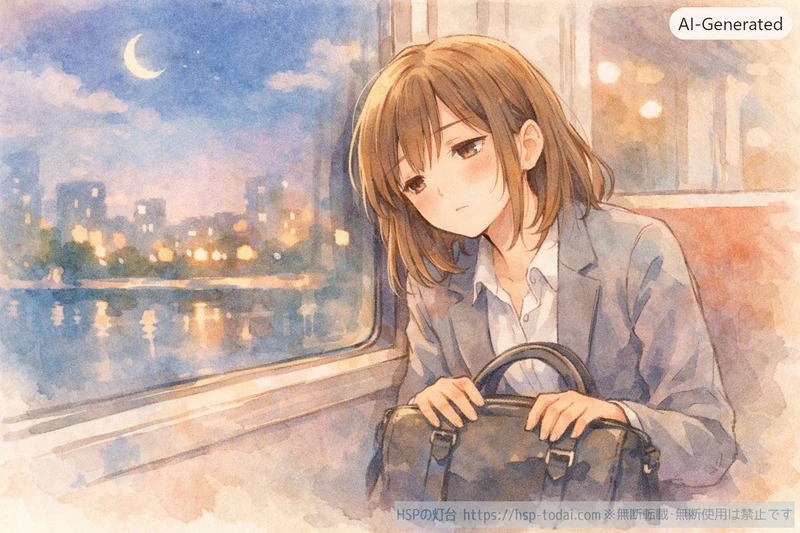 仕事帰りの電車で疲れた表情の女性が窓の外を眺めているイラスト