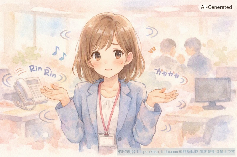 オフィスの音や空気を敏感に感じ取って困っているHSP会社員の女の子のイラスト
