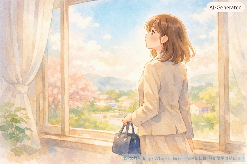 窓辺で外を眺めて新しい場所へ向かおうとしている会社員の女性のイラスト
