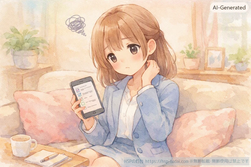 会社員の女性がソファでスマホの適職リストを見てモヤモヤしているイラスト