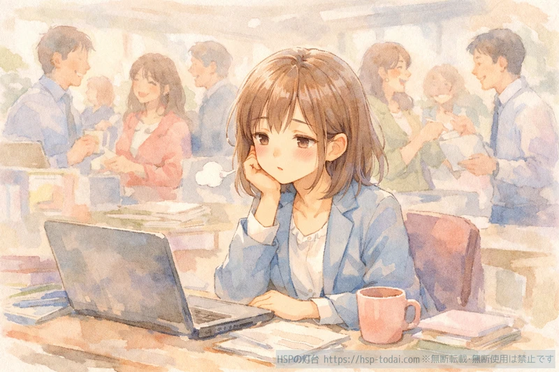 HSP女性がにぎやかなオフィスで大勢に囲まれながら一人だけ疲れて息をつくイラスト