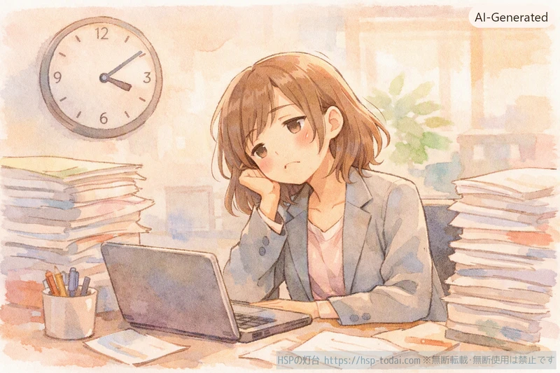 HSPの女性が職場のデスクで時計を見ながら疲れた表情をしているイラスト