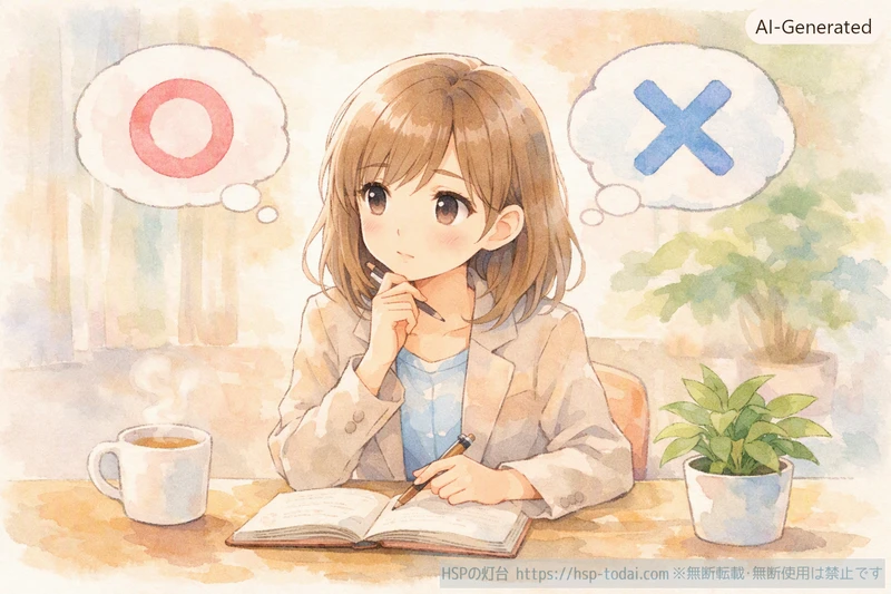 ノートに選択肢を書き出して転職を迷っている会社員の女性のイラスト