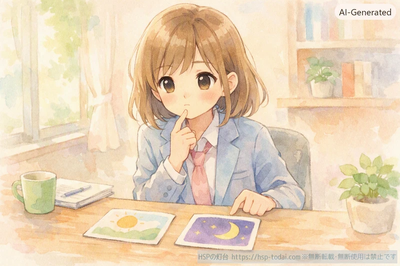 繊細な女性が2枚のカードを見比べて考えているイラスト