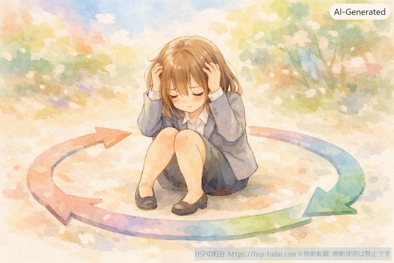 ぐるぐる回る矢印の輪の中で頭を抱えて転職を繰り返し悩む女の子のイラスト