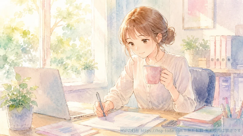 HSPの女性が静かなオフィスでお茶を片手に落ち着いて仕事をしているイラスト