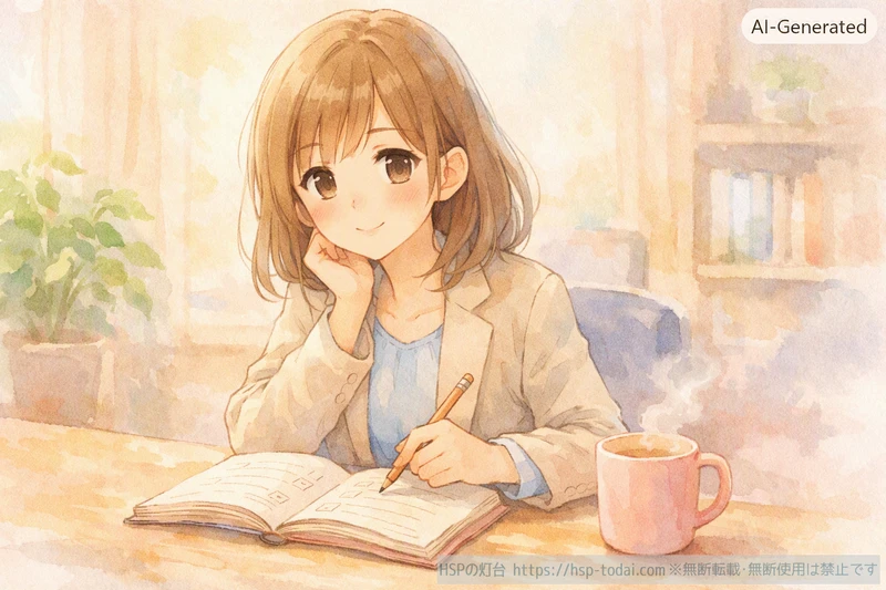 会社員の女性が机でノートに消耗する原因を書き出して整理しているイラスト