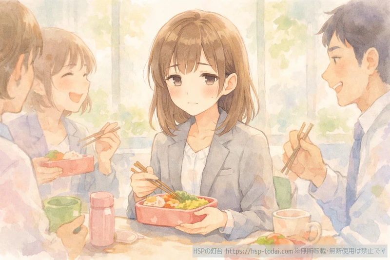 HSP女性が職場の昼休みにみんなでお弁当を食べながら気を遣って疲れているイラスト