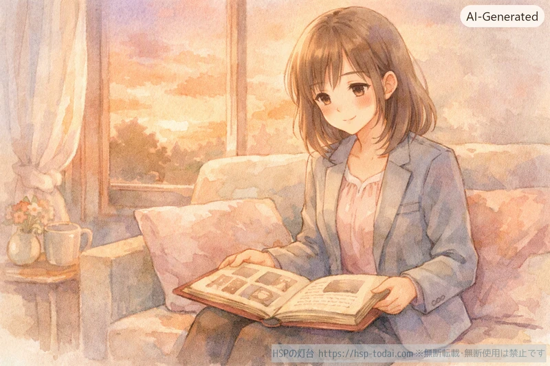 ソファで手帳を開いてこれまでの転職を振り返っている会社員の女性のイラスト