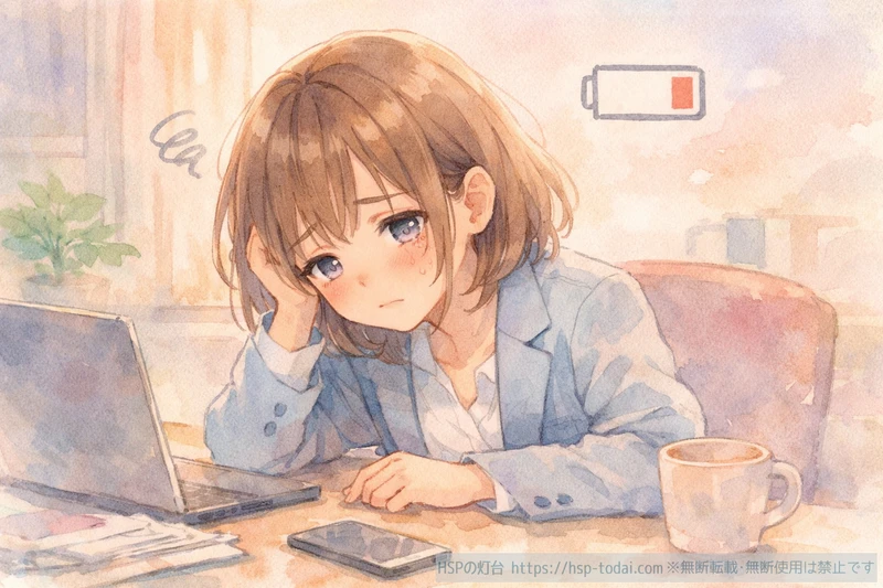 HSP女性が一人時間を取れず疲れがたまって涙ぐみ限界が近づいているイラスト