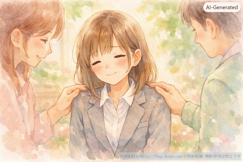 家族や友人にやさしく励まされてほっとした表情になる女の子のイラスト