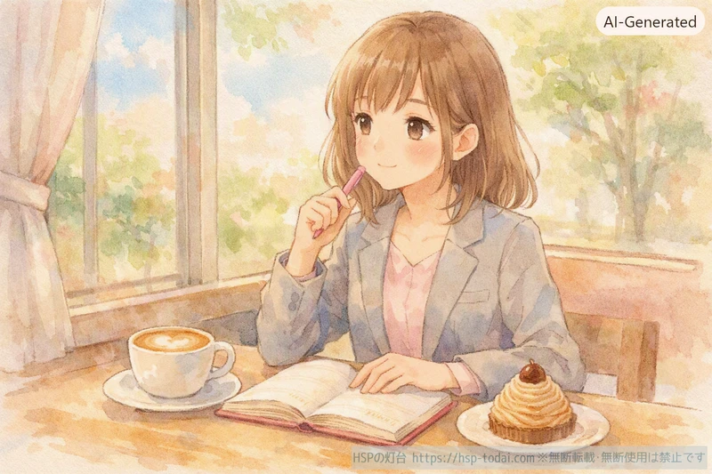 カフェでノートに気持ちを書き出して考える女性のイラスト