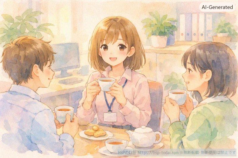 少人数の職場で同僚と和やかにお茶休憩をしている女性のイラスト