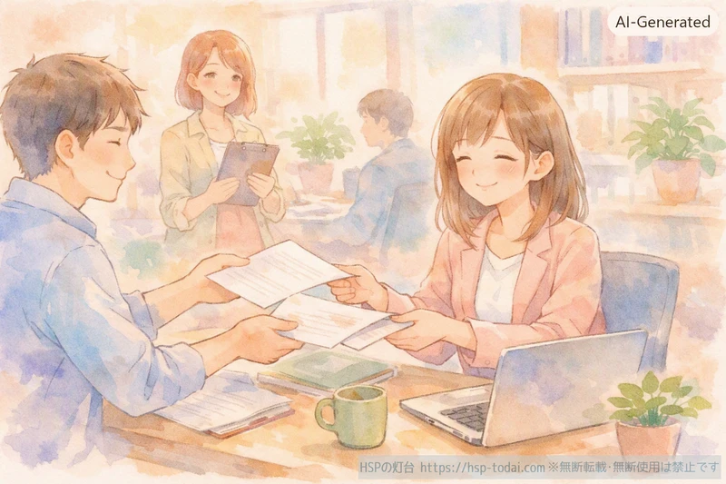 オフィスで同僚と書類を渡し合い協力し合う和やかな職場のイラスト