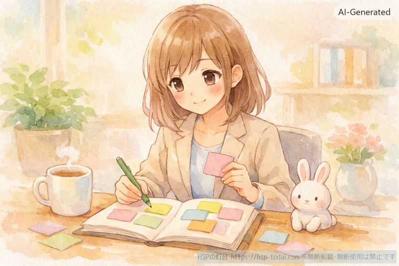 ノートに譲れない条件を書き出して職場選びの軸を整理する女の子のイラスト