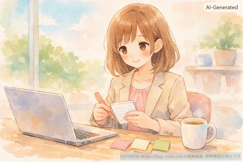 パソコンの前で落ち着いて転職の準備を進めている会社員の女性のイラスト