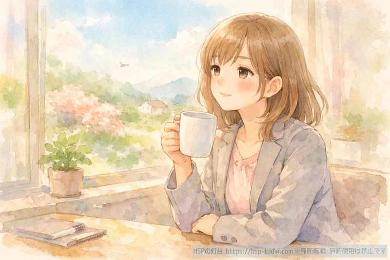 HSP女性が仕事の合間に一人になり飲み物を片手にほっと一息ついて充電しているイラスト
