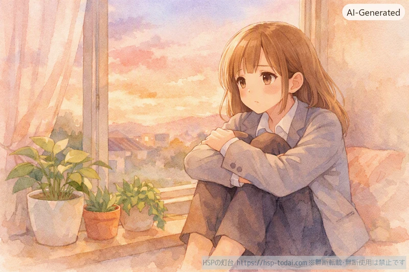 窓辺で膝を抱えて不安そうに外をながめる女性のイラスト