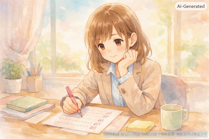 会社員の女性が紙とペンで仕事選びの条件をチェックしているイラスト